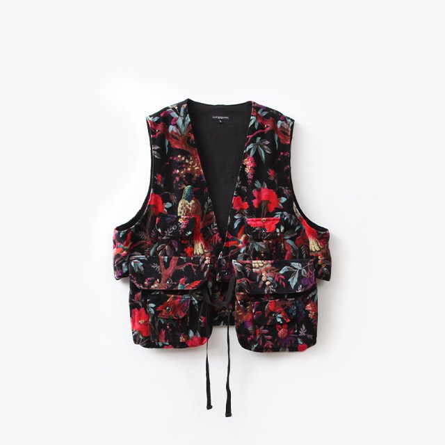 Engineered Garments  Fowl Vest – Cotton Bird Print Velveteen Black [NQ120]