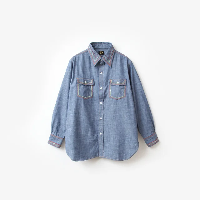 Needles  Work Shirt – Cotton Chambray / India Emb. Blue [OT211]
