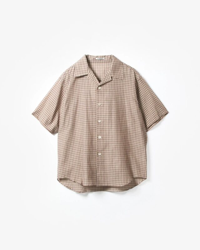 AURALEE AIRY LIGHT COTTON CHECK HALF SLEEVED SHIRT BROWN GINGHAM CHECK [A26SS02GC]