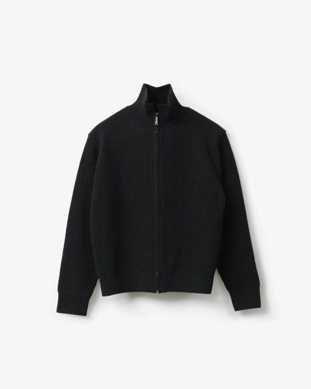 AURALEE SUPER FINE WOOL RIB KNIT ZIP CARDIGAN TOP BLACK [A26AC01RK]
